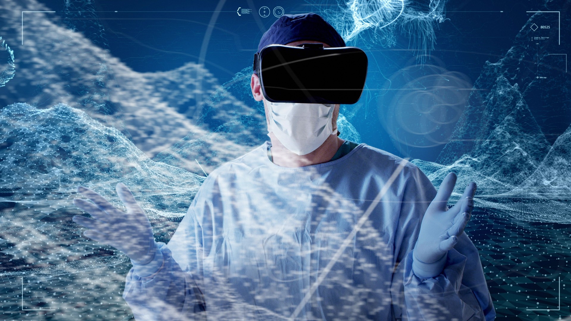 Man wearing virtual reality glasses during research. Virtual mountains